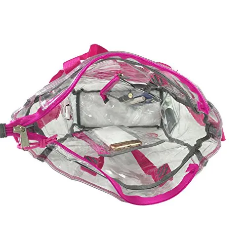 15" Clear Tote Bag with Hot Pink Lining Heavy Duty PVC shoulder Bag Handbag Free Coin Pouch