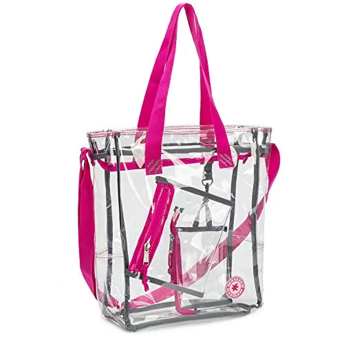 15" Clear Tote Bag with Hot Pink Lining Heavy Duty PVC shoulder Bag Handbag Free Coin Pouch