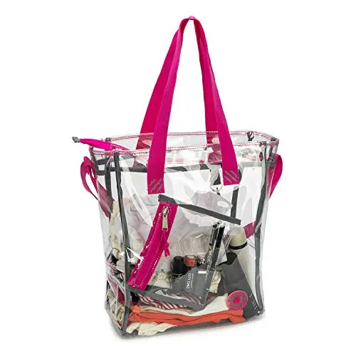 15" Clear Tote Bag with Hot Pink Lining Heavy Duty PVC shoulder Bag Handbag Free Coin Pouch