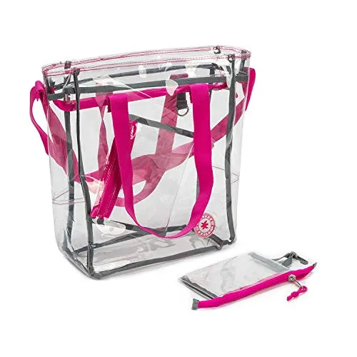 15" Clear Tote Bag with Hot Pink Lining Heavy Duty PVC shoulder Bag Handbag Free Coin Pouch