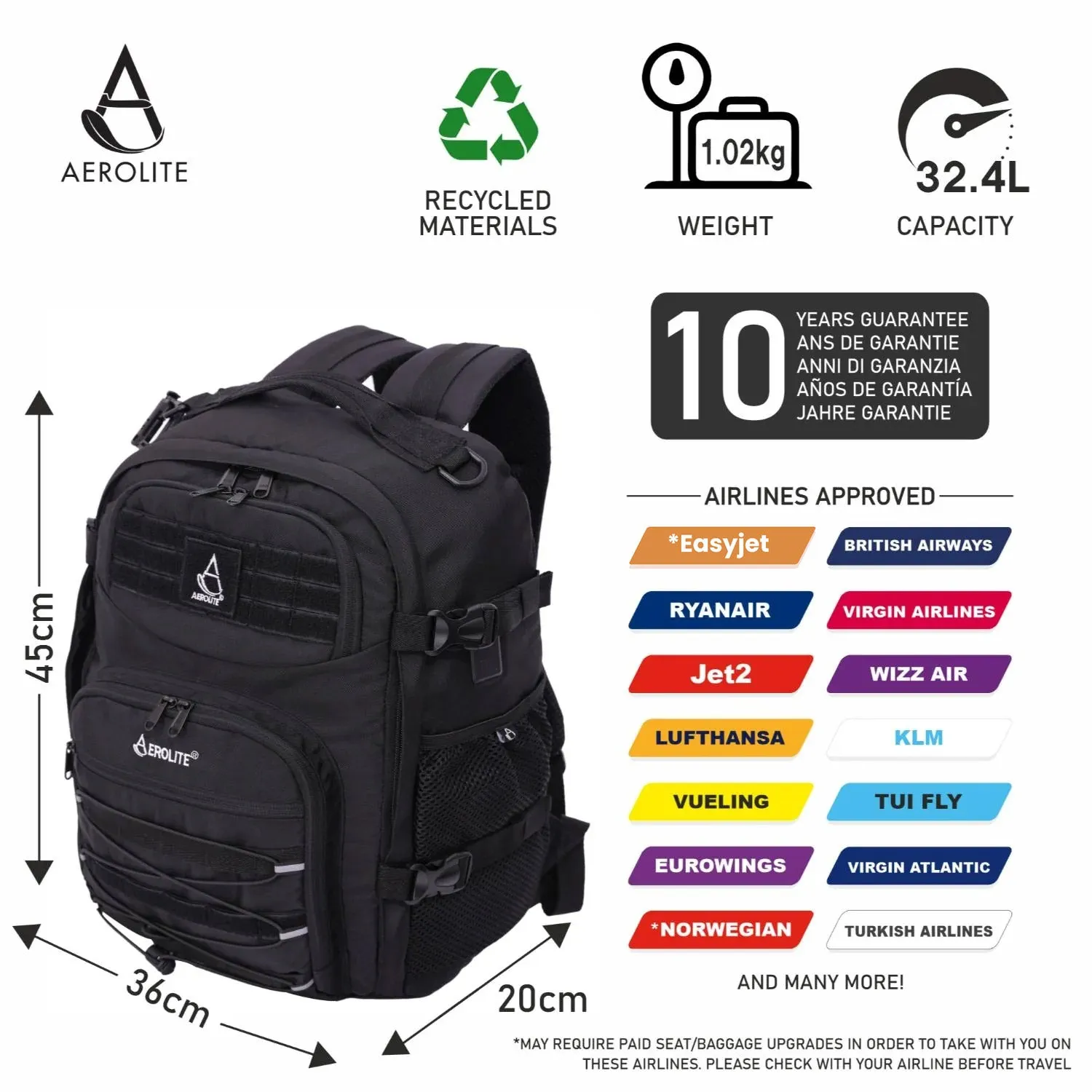 Aerolite 45x36x20cm Easyjet Maximum Premium Quality Tactical Backpack, Made From Recycled Eco-Friendly Shower-Resistant Material, 10 Year Brand Warranty   Luggage Scale   TSA Lock