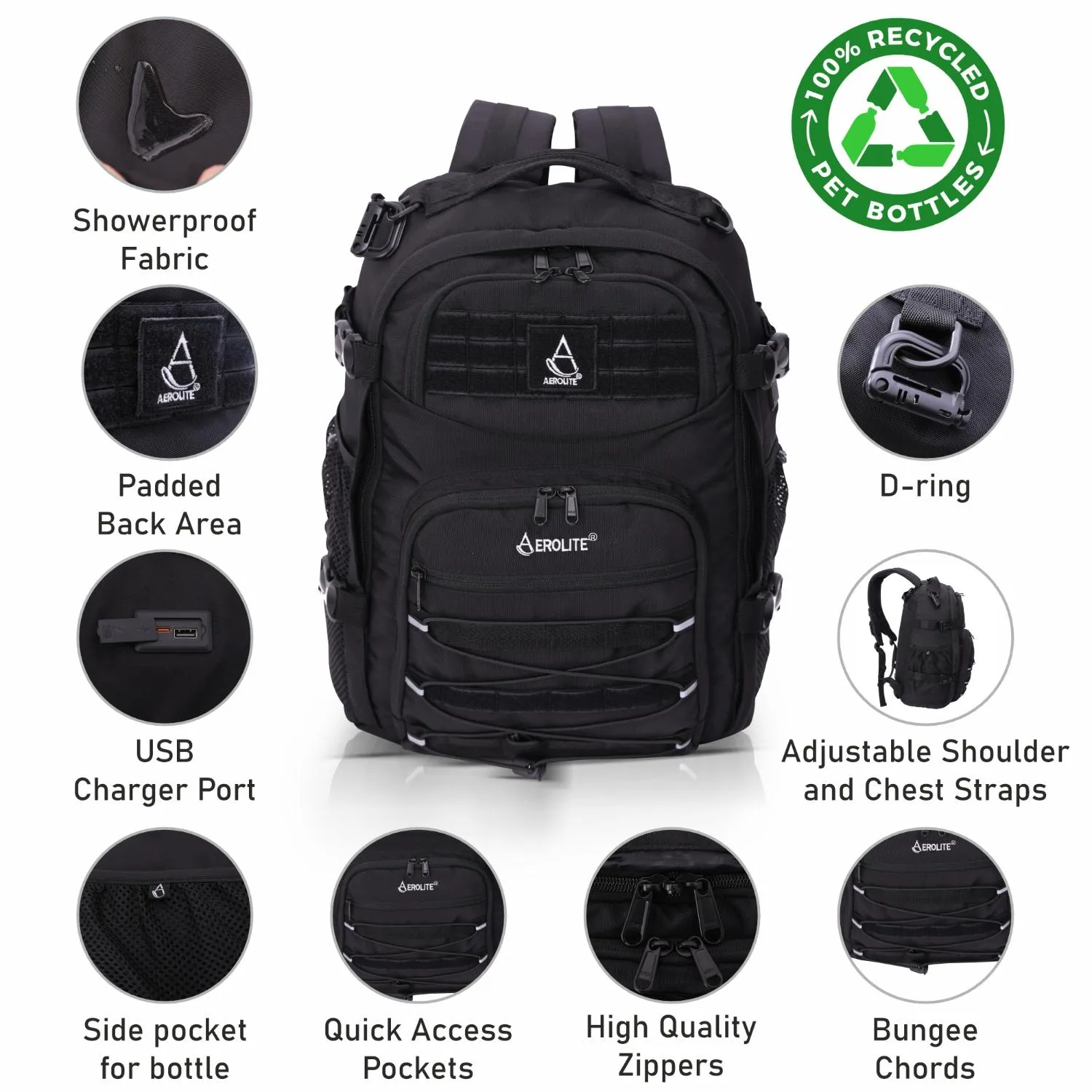 Aerolite 45x36x20cm Easyjet Maximum Premium Quality Tactical Backpack, Made From Recycled Eco-Friendly Shower-Resistant Material, 10 Year Brand Warranty   Luggage Scale   TSA Lock