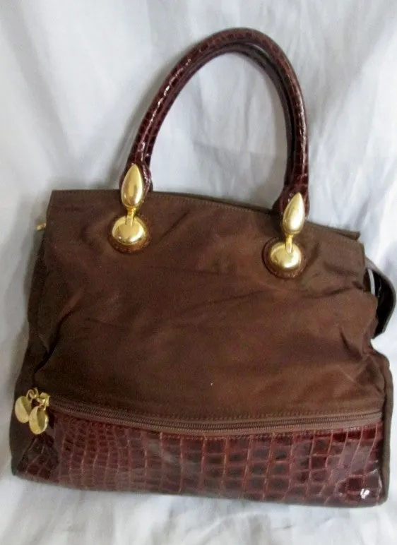 BARBARA ITALY leather croc nylon clutch tote bag satchel hobo purse BROWN L