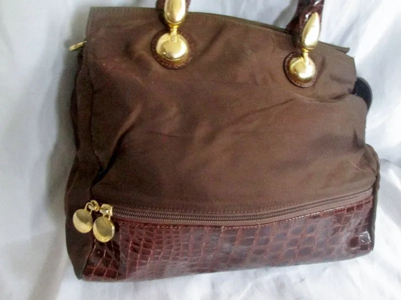 BARBARA ITALY leather croc nylon clutch tote bag satchel hobo purse BROWN L