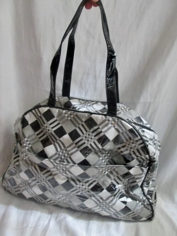 BETSEY JOHNSON VINYL Vegan Satchel Bowler Bag Geometric Plaid BLACK GRAY Hipster