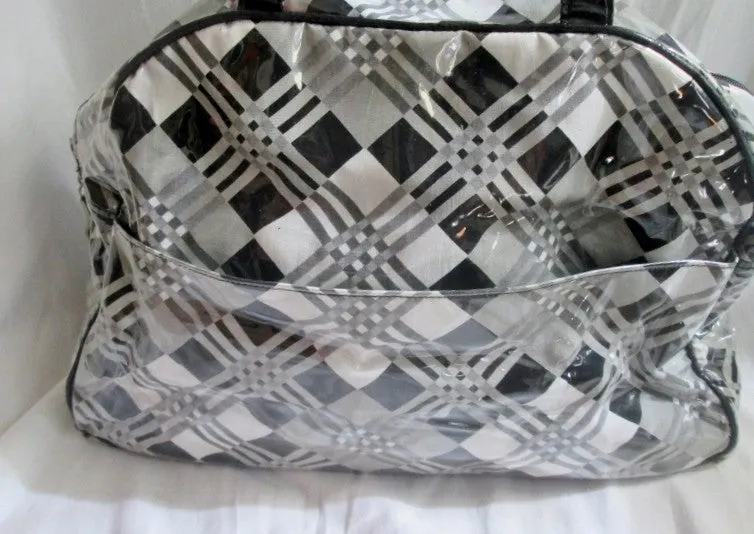 BETSEY JOHNSON VINYL Vegan Satchel Bowler Bag Geometric Plaid BLACK GRAY Hipster