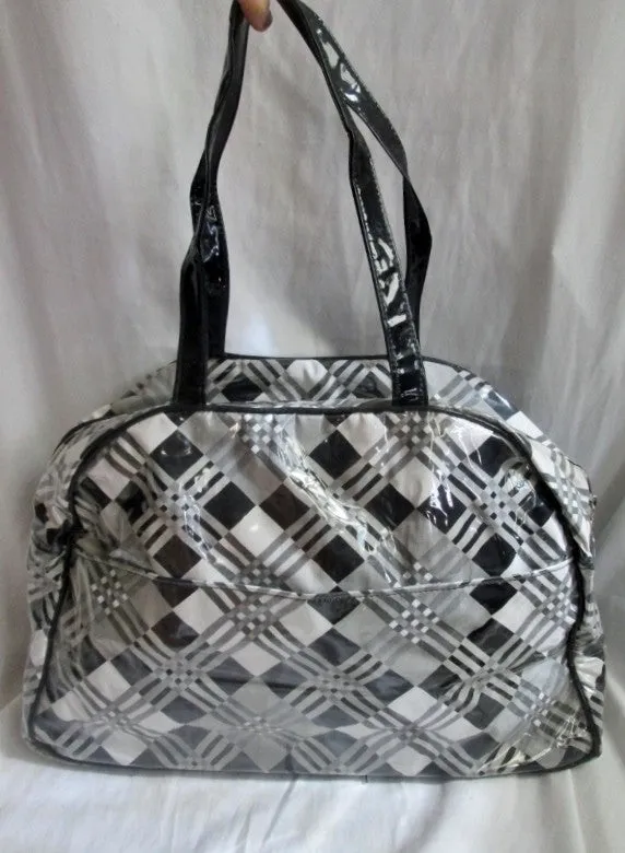 BETSEY JOHNSON VINYL Vegan Satchel Bowler Bag Geometric Plaid BLACK GRAY Hipster