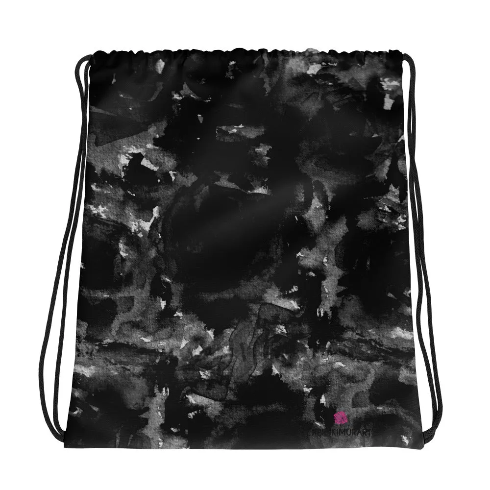 Black Rose Drawstring Bag, Floral Print Women's 15”x17” Drawstring Bag- Made in USA /Europe