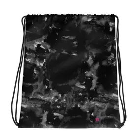 Black Rose Drawstring Bag, Floral Print Women's 15”x17” Drawstring Bag- Made in USA /Europe