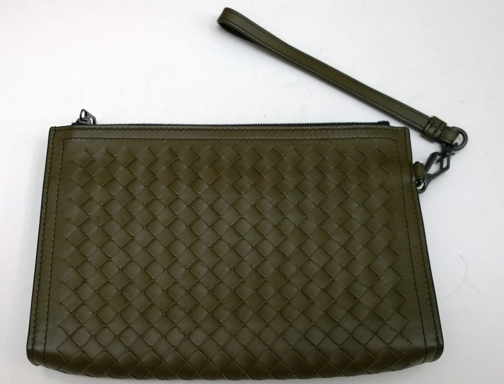 Bottega Veneta Wristlet Intrecciato Woven Leather Clutch Khaki Green Pouch Bag