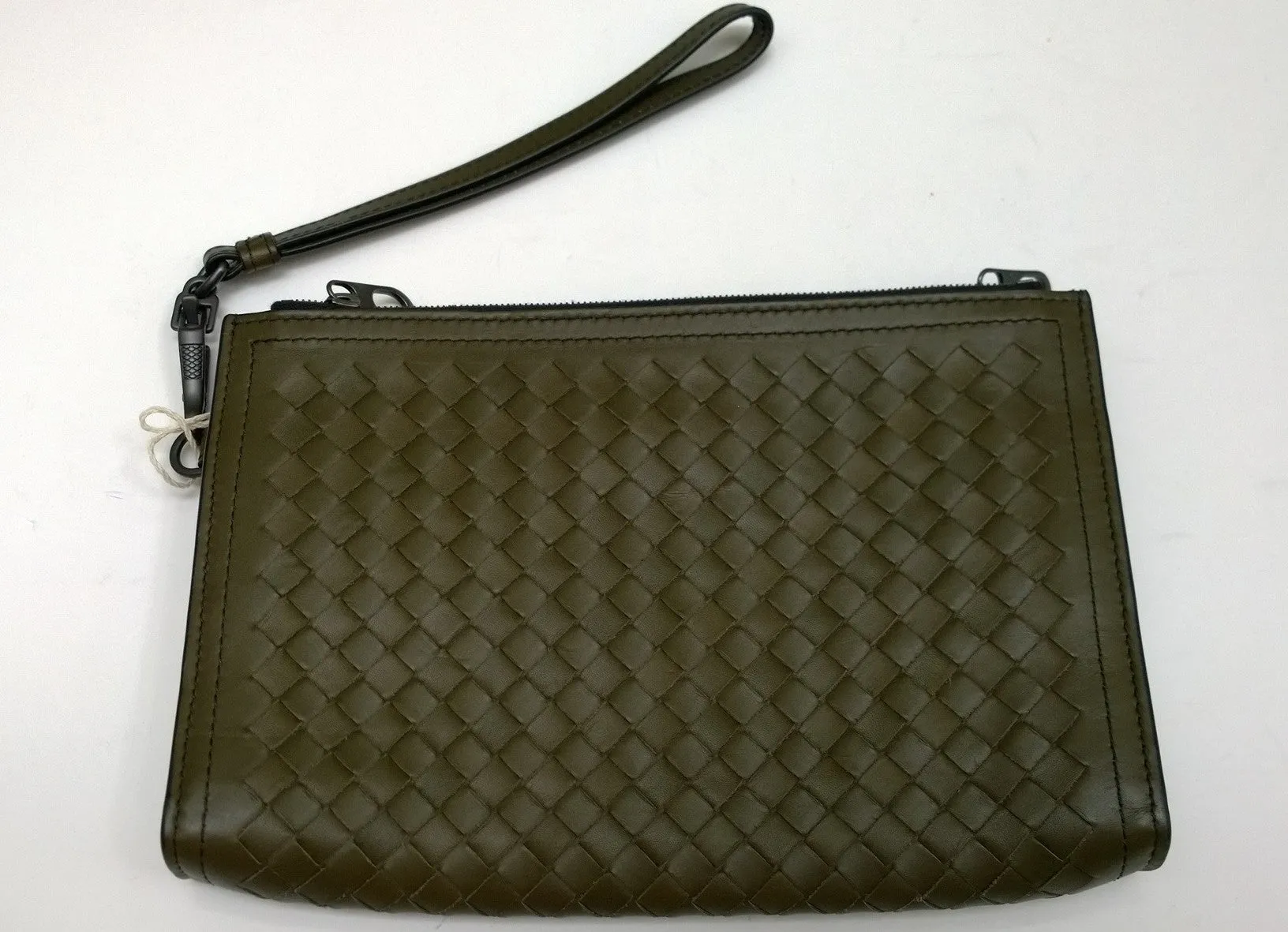 Bottega Veneta Wristlet Intrecciato Woven Leather Clutch Khaki Green Pouch Bag