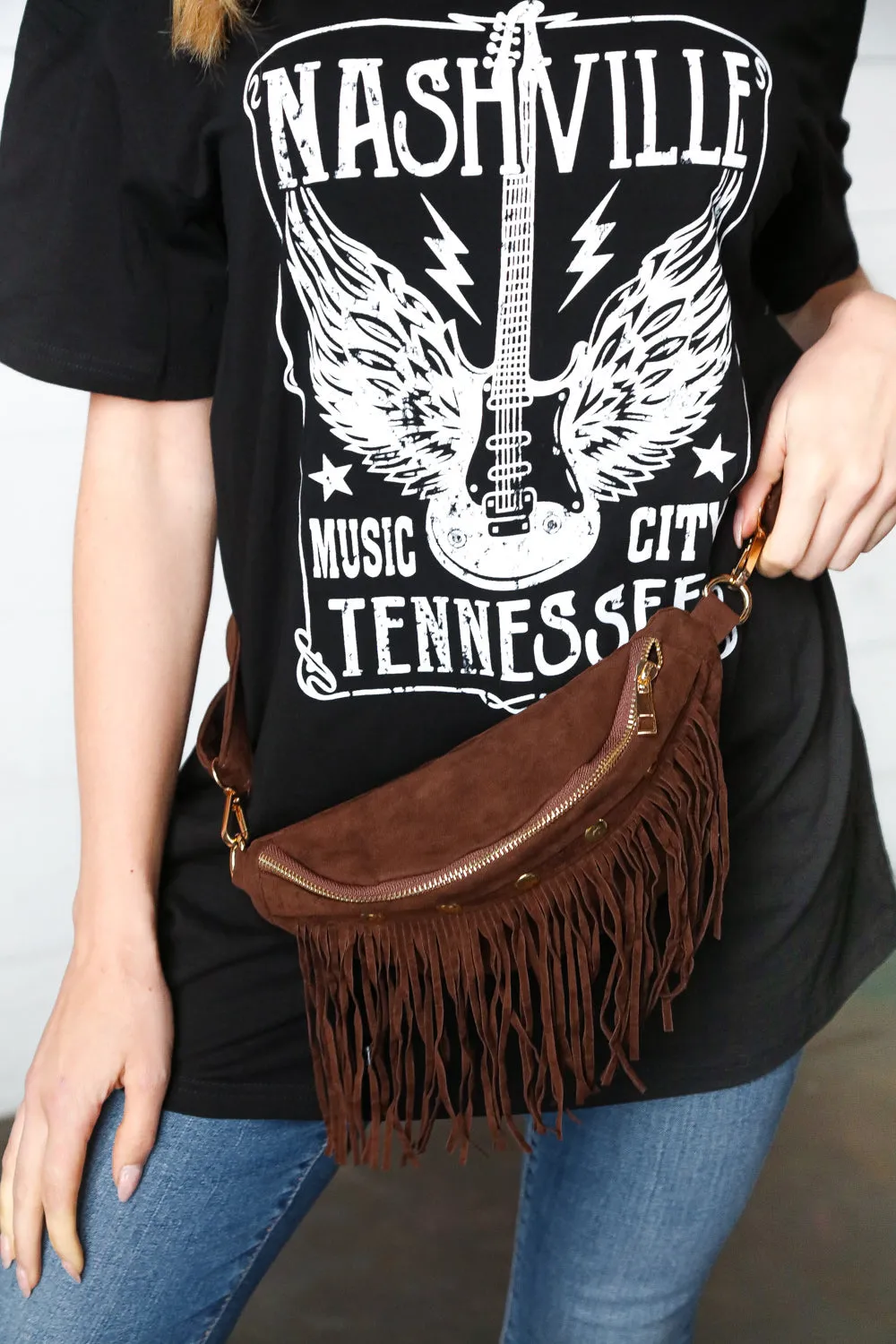 Brown Vegan Suede Sling Fringe Fanny Pack/Crossbody