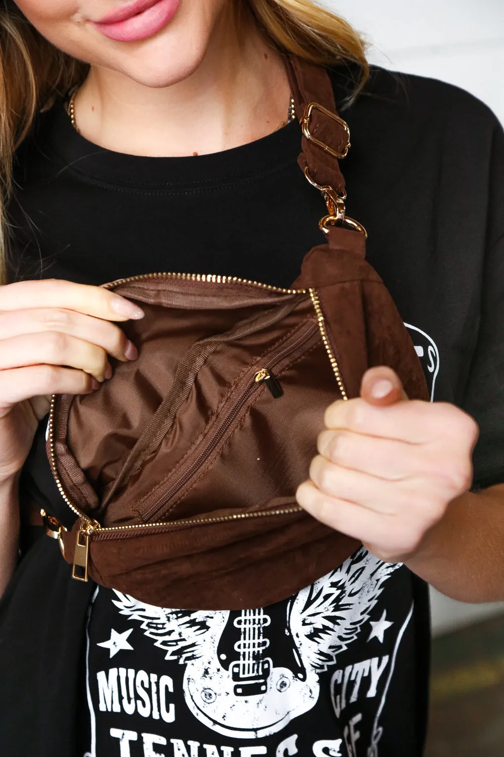 Brown Vegan Suede Sling Fringe Fanny Pack/Crossbody