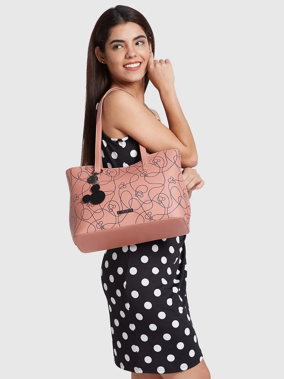 Caprese Disney Inspired Printed Mickey Mouse Collection Satchel Medium Handbag Dull Pink