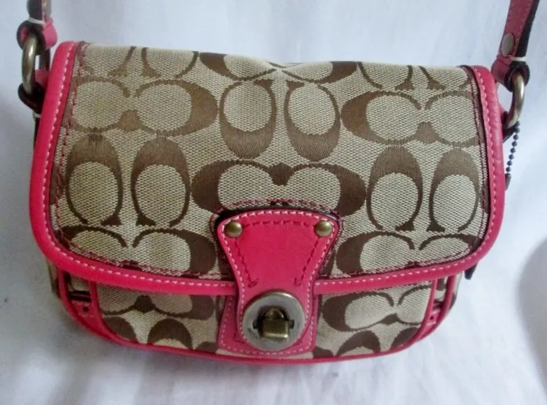 COACH 10569 Legacy Signature Cricket Field Bag Jacquard Hobo Bag BROWN PINK BEIGE