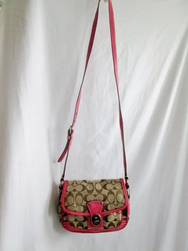 COACH 10569 Legacy Signature Cricket Field Bag Jacquard Hobo Bag BROWN PINK BEIGE