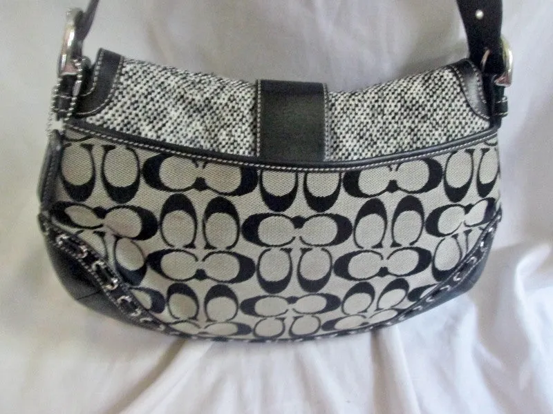 COACH F10425 Signature C Jacquard Hobo Handbag Satchel Canvas BLACK GRAY Leather