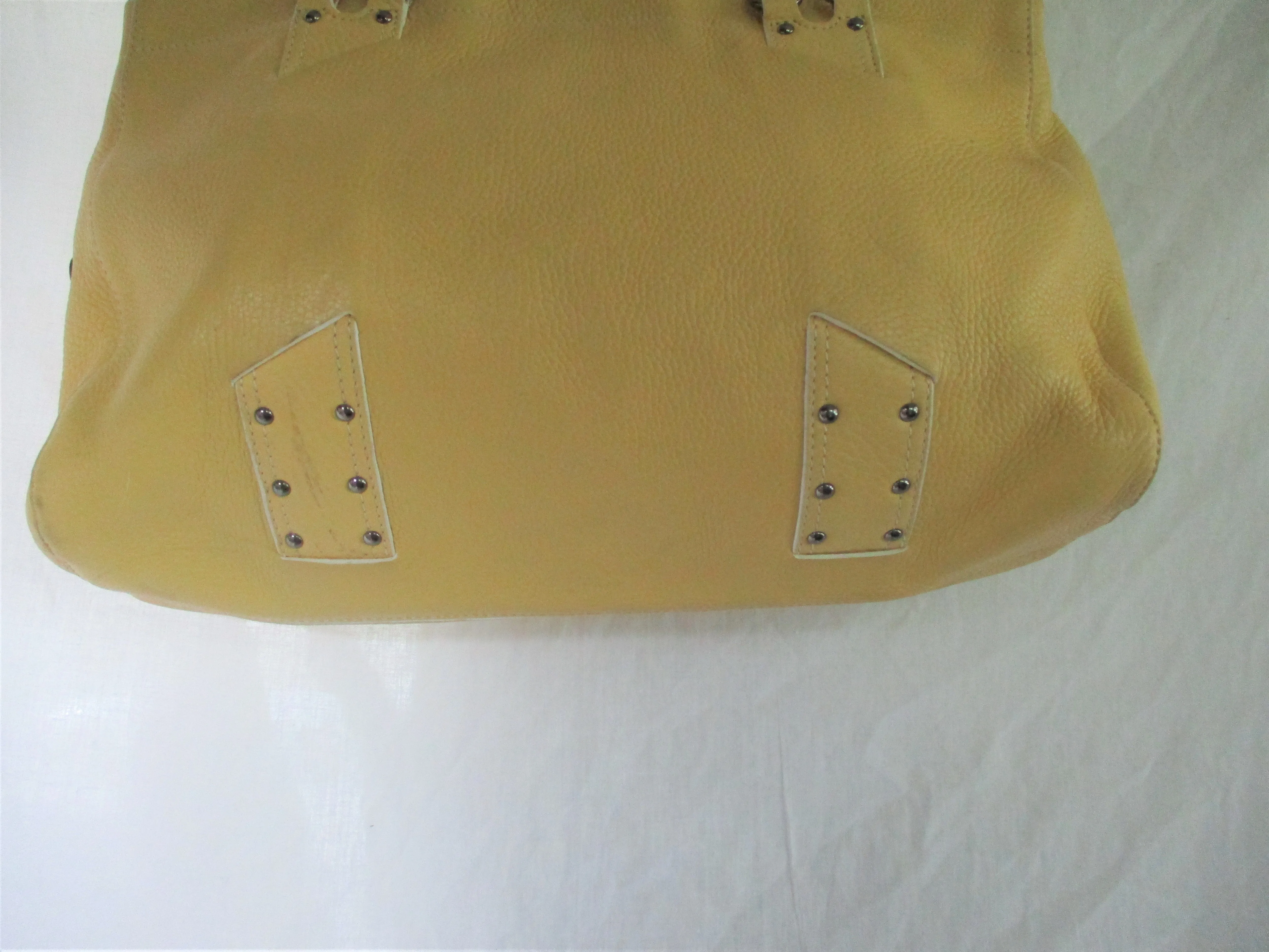 COLE HAAN SP05 leather tote stud satchel shoulder saddle bag CREME YELLOW purse