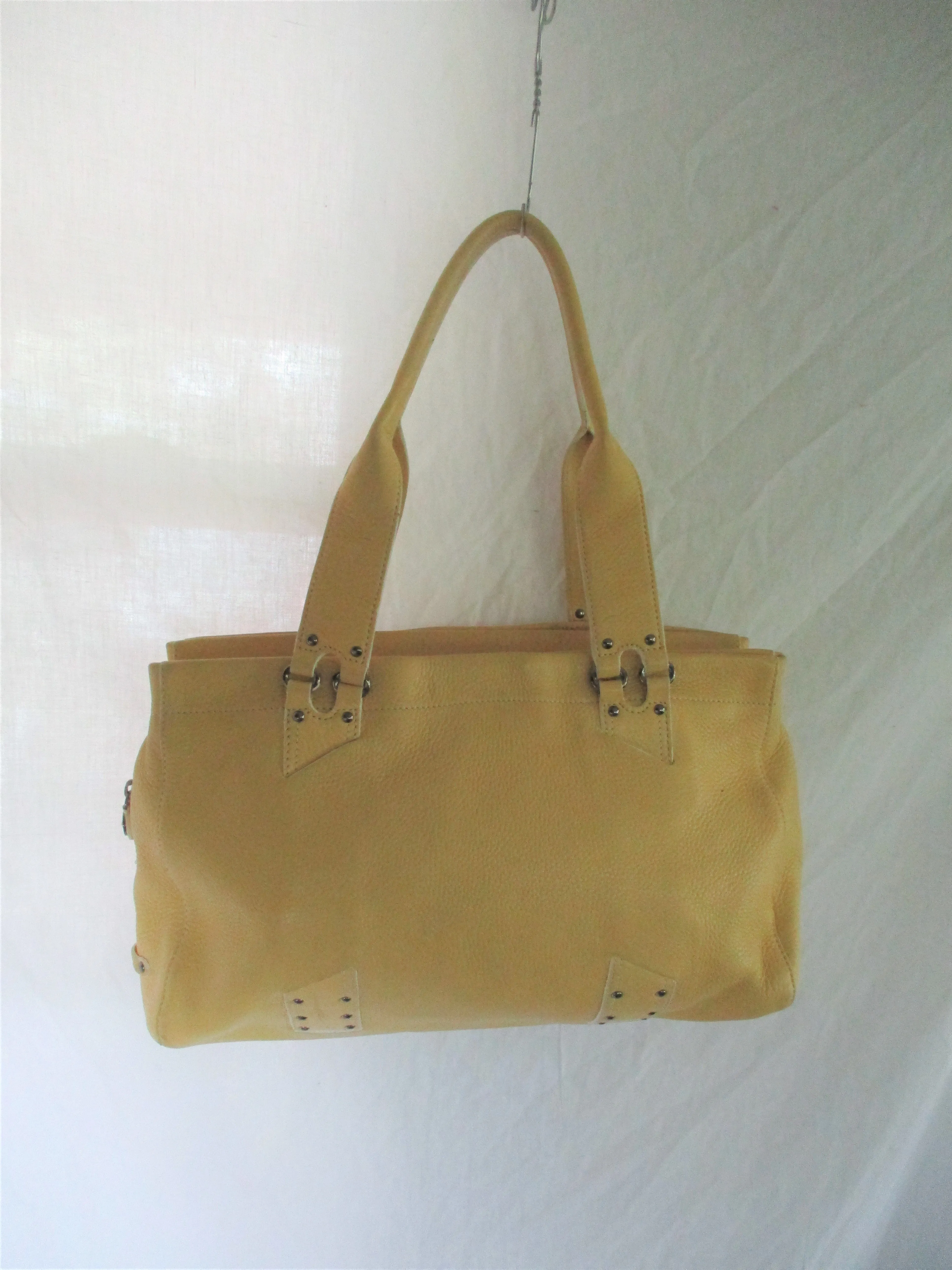 COLE HAAN SP05 leather tote stud satchel shoulder saddle bag CREME YELLOW purse