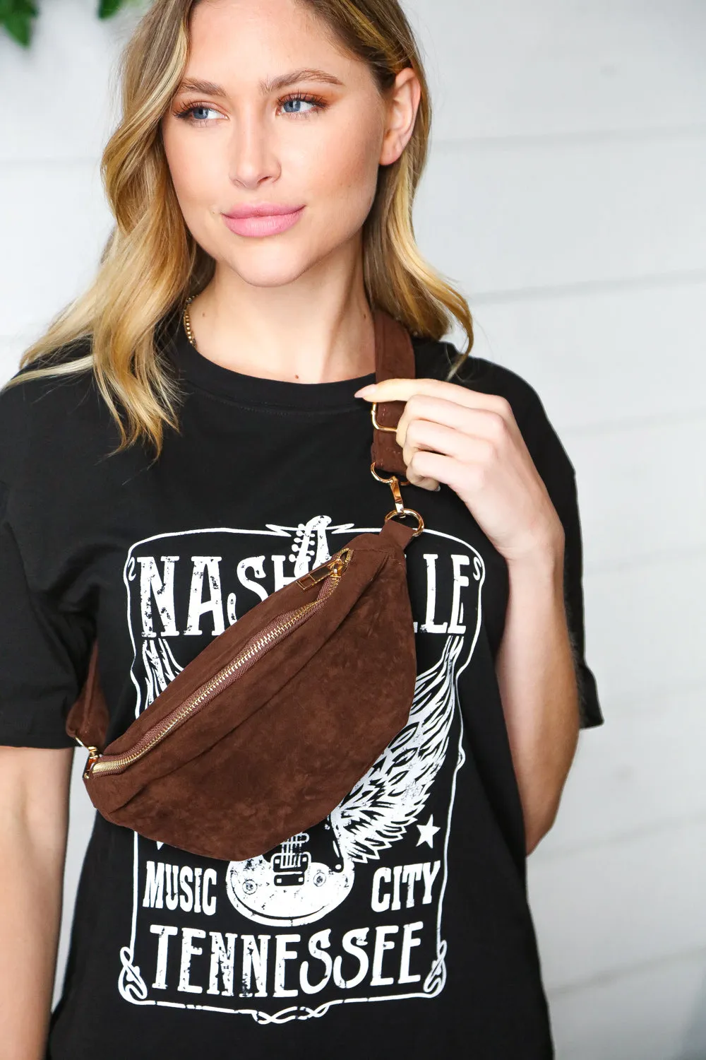 Explore More Collection - Brown Vegan Suede Sling Fringe Fanny Pack/Crossbody