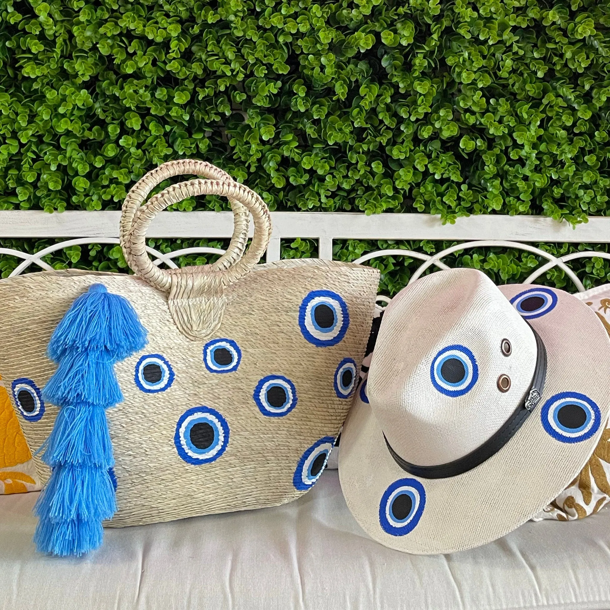 Hand Painted Evil Eye Palm Tote and Hat Set