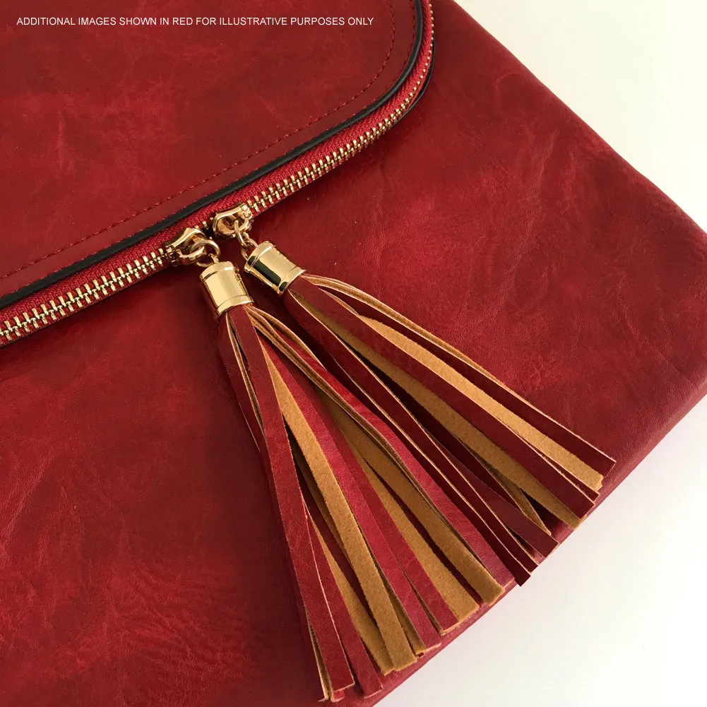 LARGE TAN TASSEL MULTI COMPARTMENT CROSS BODY SHOULDER BAG WITH LONG STRAP