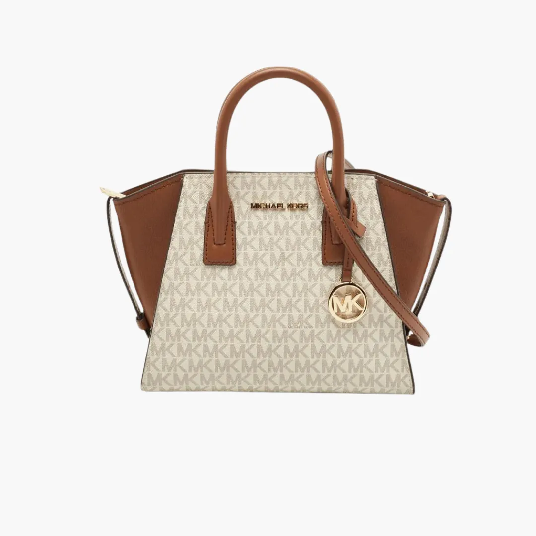 Michael Kors Signature Coated Canvas and Leather Avril Satchel (Brown/Off White)