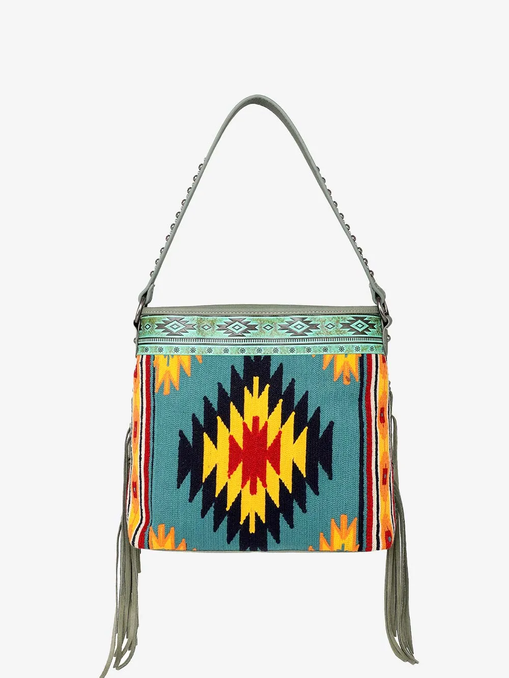 Montana West Aztec Tapestry Leather Fringe Carry Hobo