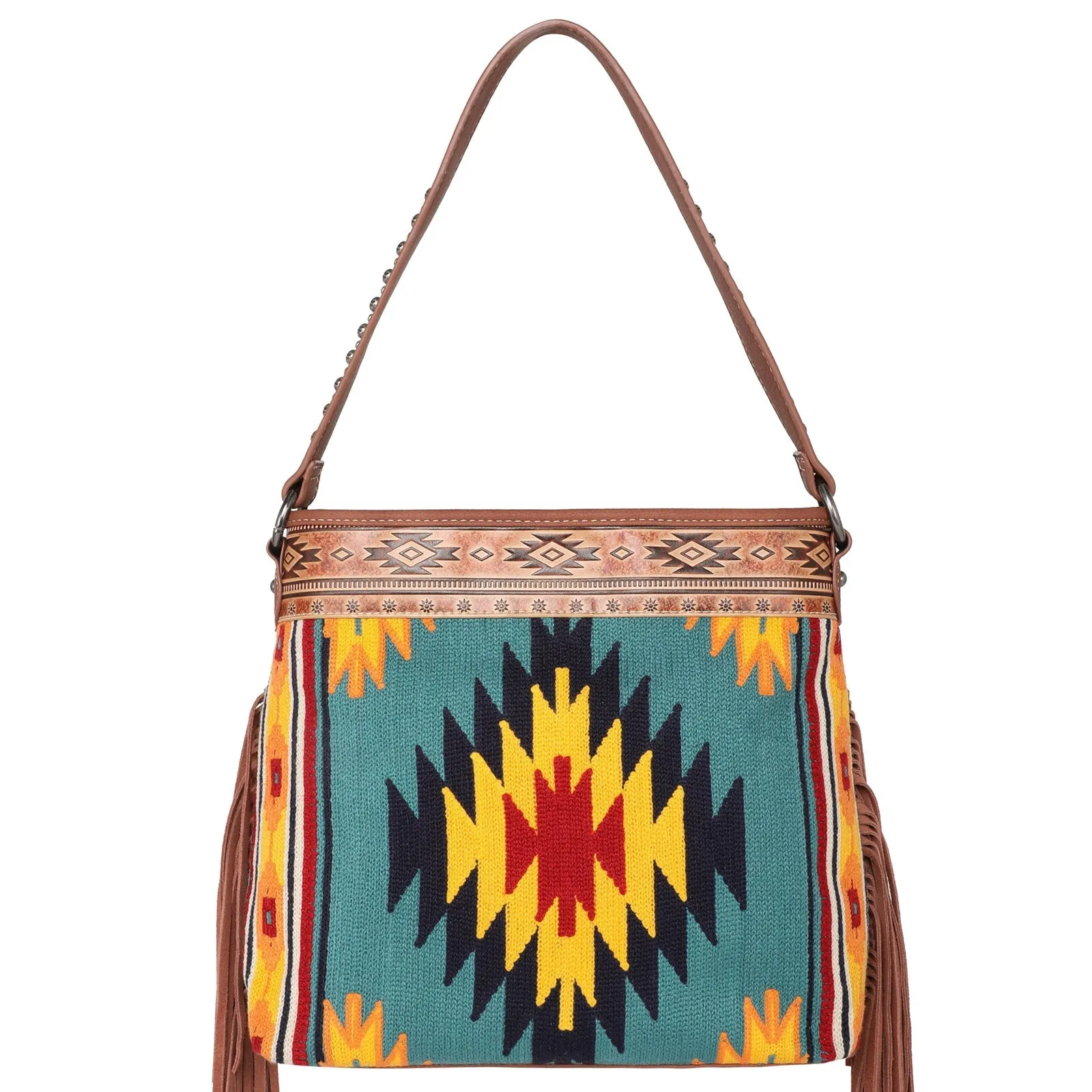 Montana West Aztec Tapestry Leather Fringe Carry Hobo