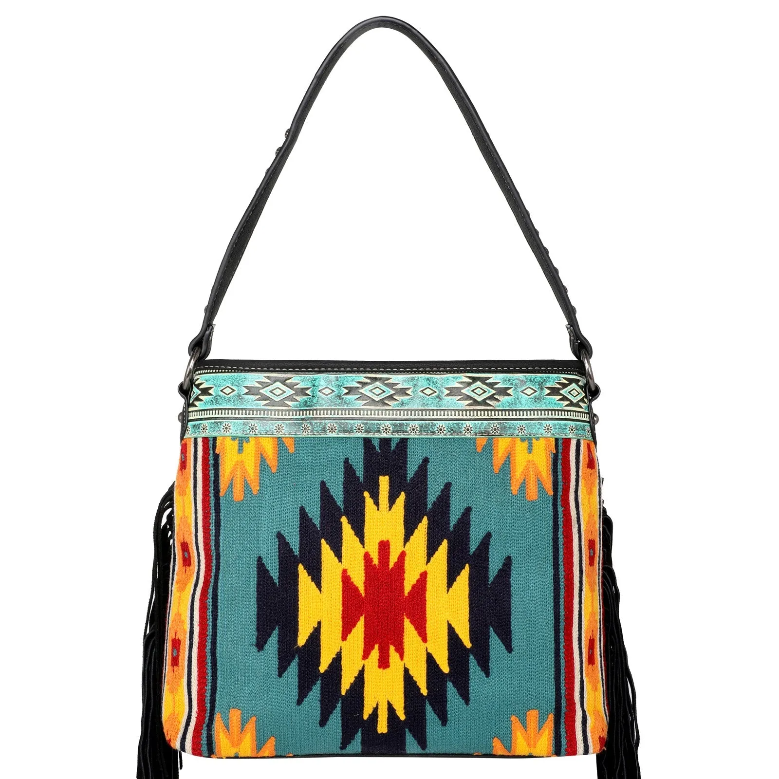 Montana West Aztec Tapestry Leather Fringe Carry Hobo