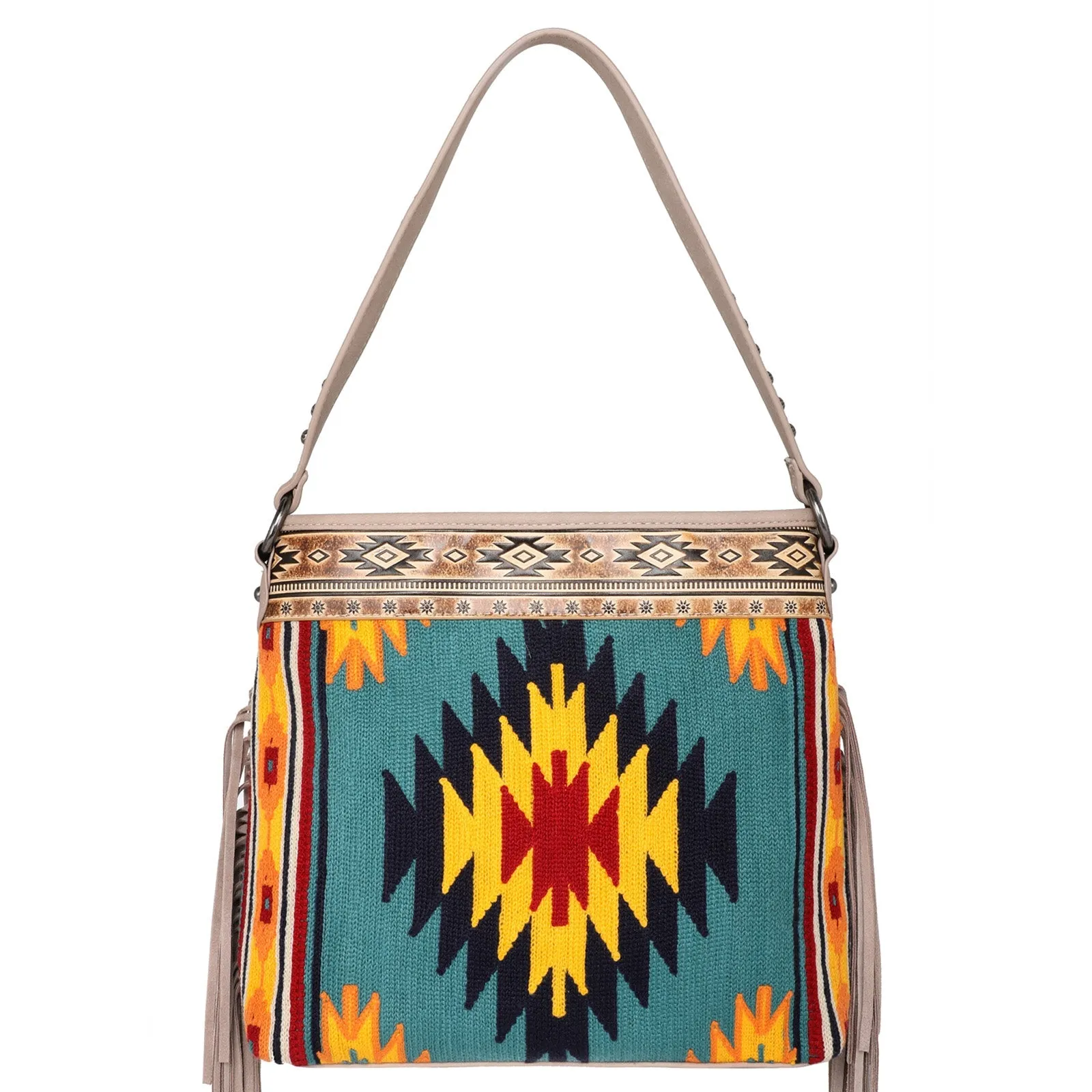 Montana West Aztec Tapestry Leather Fringe Carry Hobo