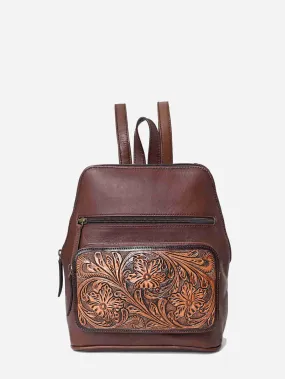 Montana West Genuine Oily Calf Leather Hand Tooled Floral Backpack