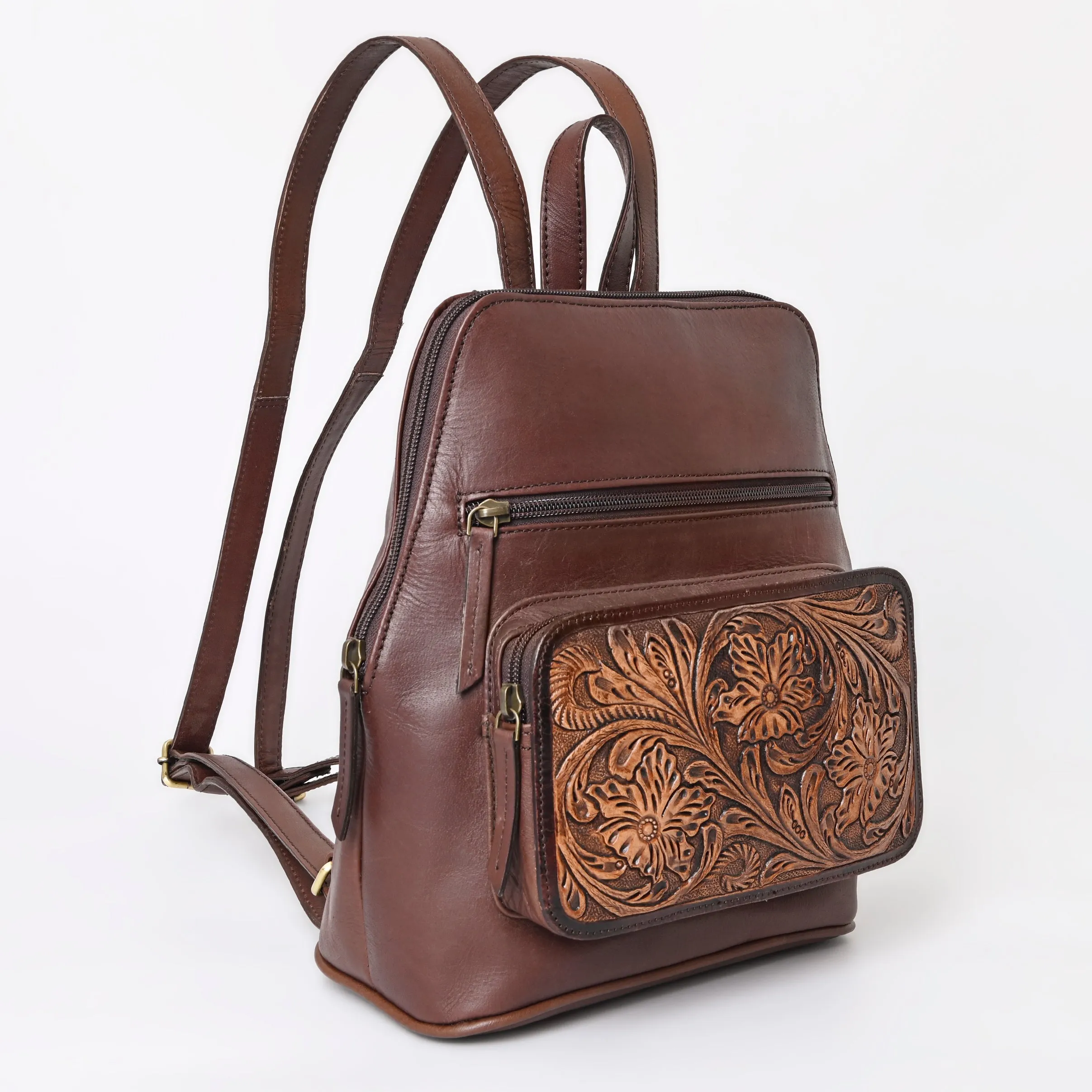 Montana West Genuine Oily Calf Leather Hand Tooled Floral Backpack