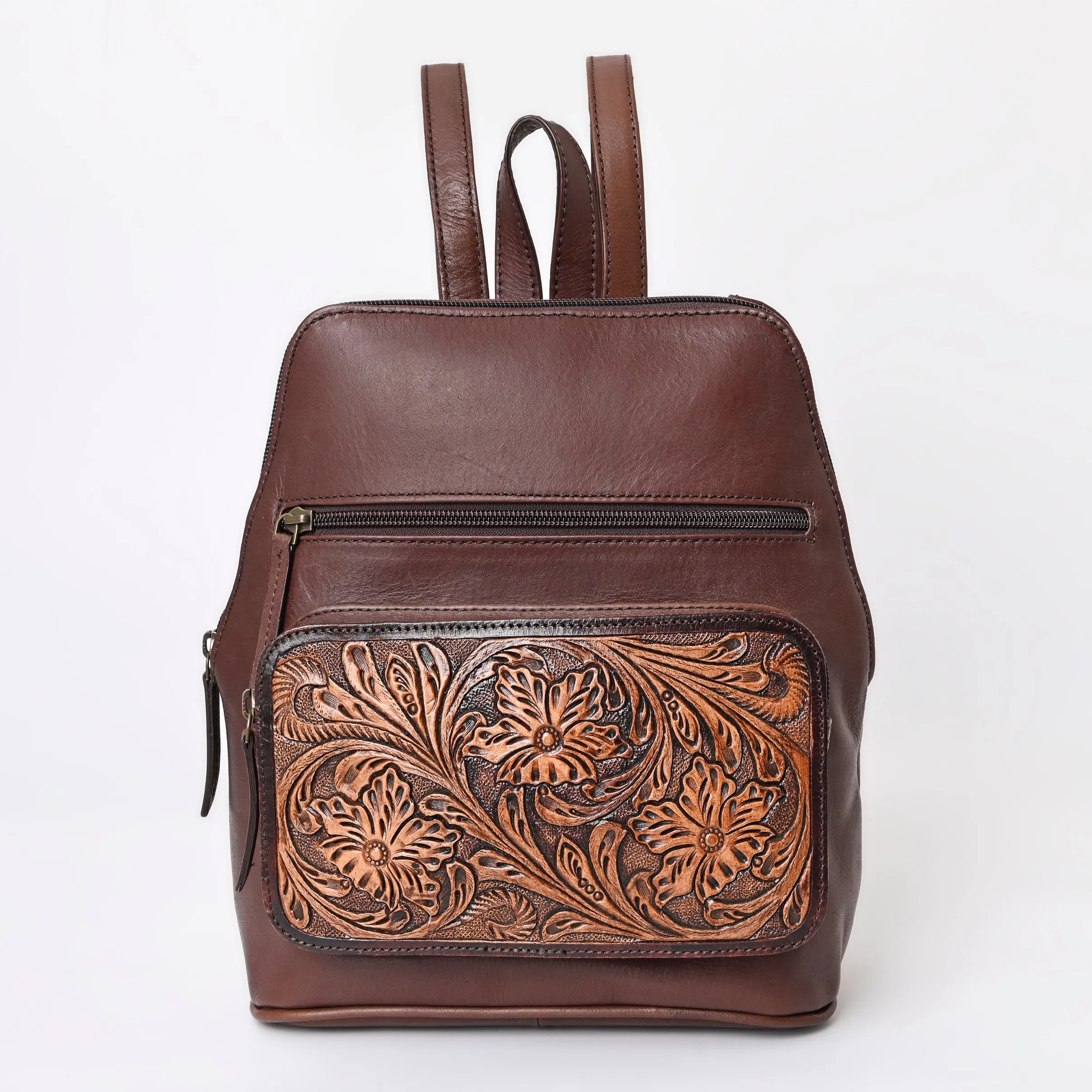 Montana West Genuine Oily Calf Leather Hand Tooled Floral Backpack