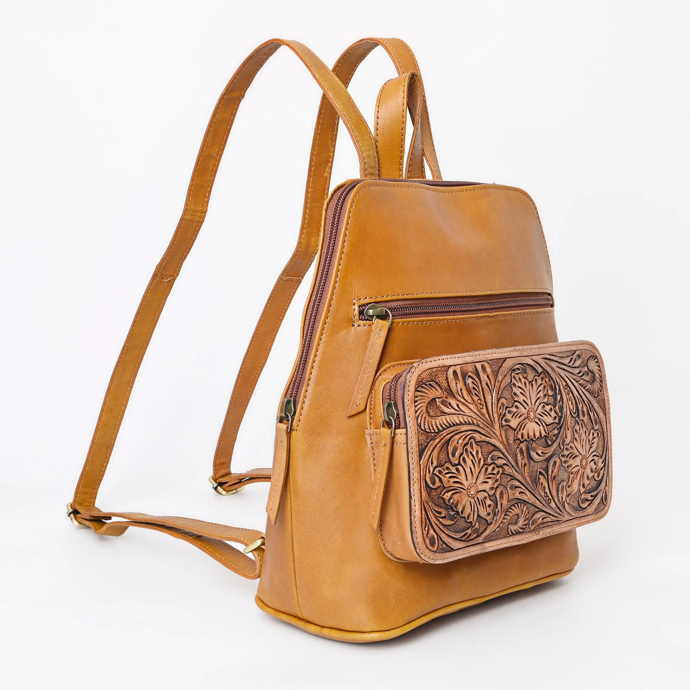 Montana West Genuine Oily Calf Leather Hand Tooled Floral Backpack