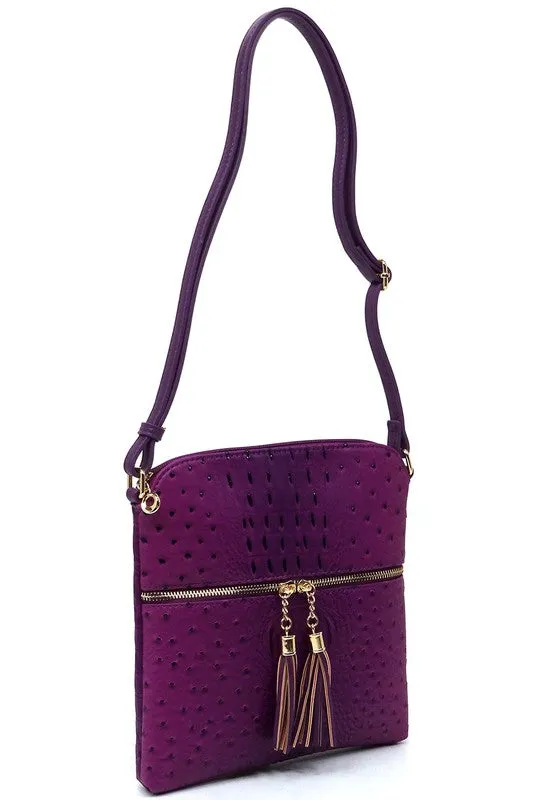 Ostrich Croc Zip Tassel Crossbody Bag