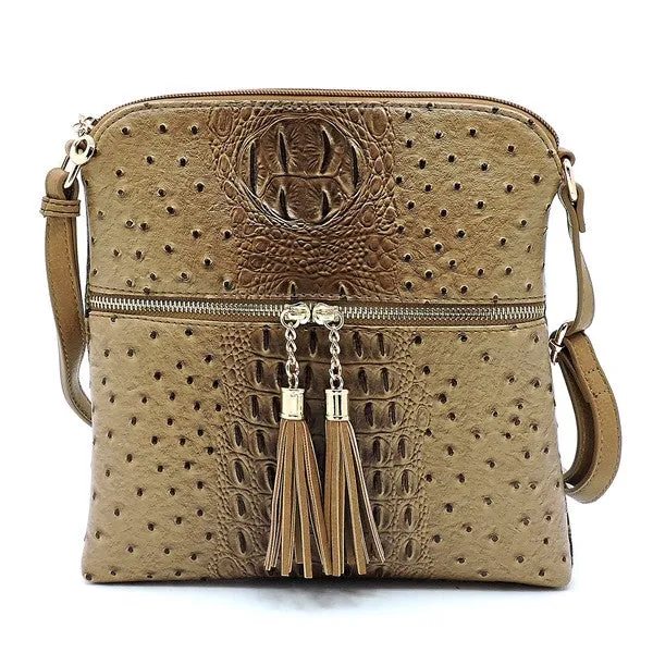 Ostrich Croc Zip Tassel Crossbody Bag