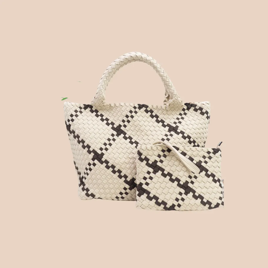 Woven Neoprene Large Tote - Beige/Brown